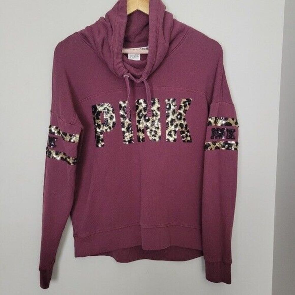 Victoria Secret PINK LEOPARD SEQUIN COWL maroon neck Hoodie Small